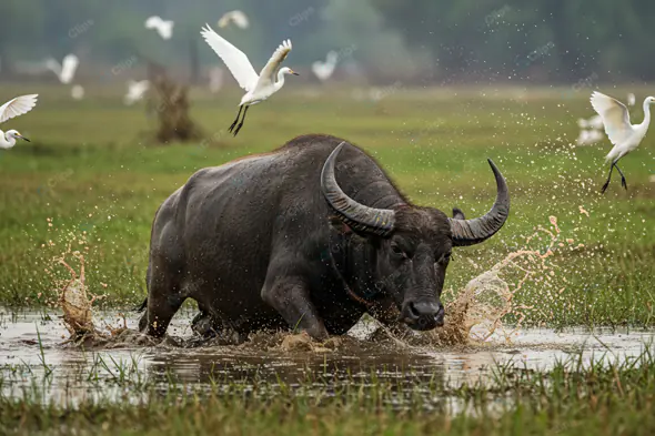Water Buffalo Stampede with Egrets