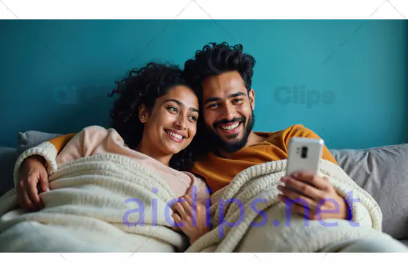 Couple Smiling on Sofa with Smartphone