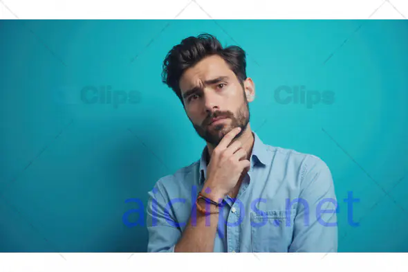 Thoughtful Man in Blue Shirt Pondering