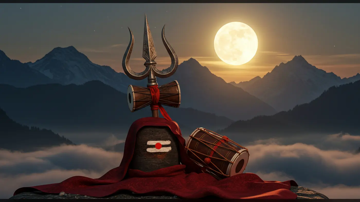 Shiva Lingam with Trishul and Damru under Full Moon in Himalayas | AIClips Sacred Devotional Art