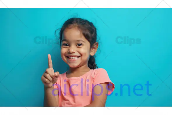 Smiling Girl Pointing Upwards on Blue Background