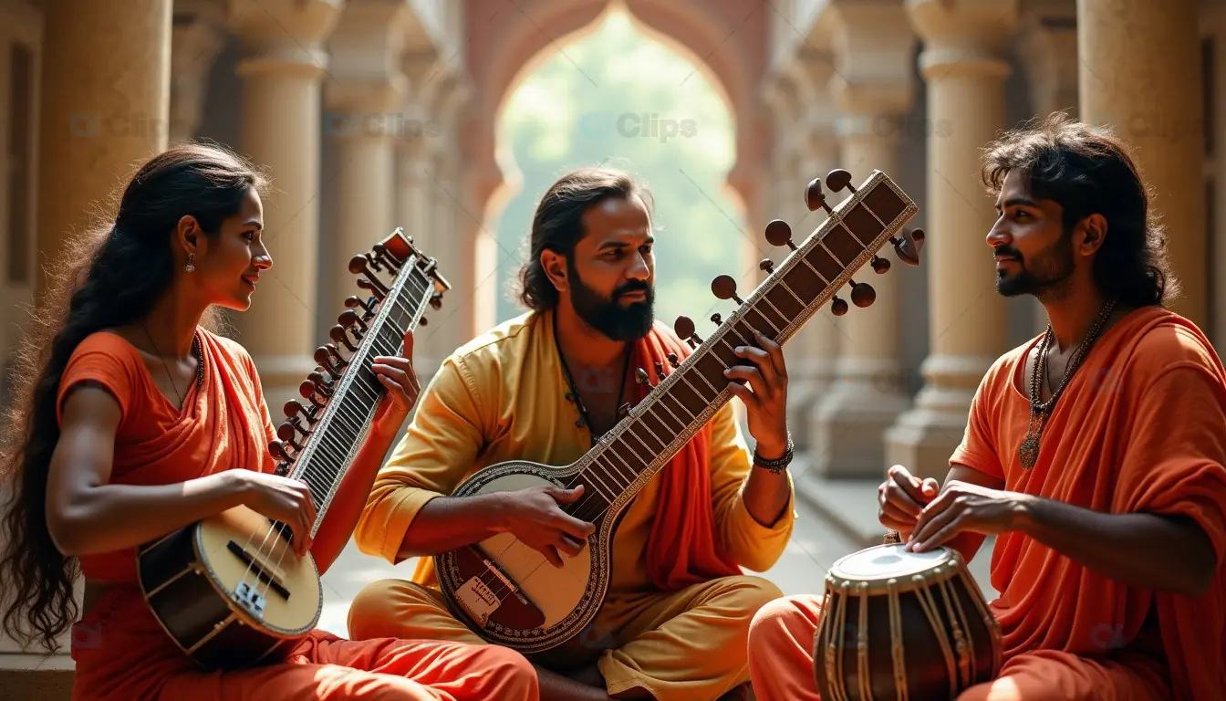 Traditional Indian Musicians Performing with Classical Instruments