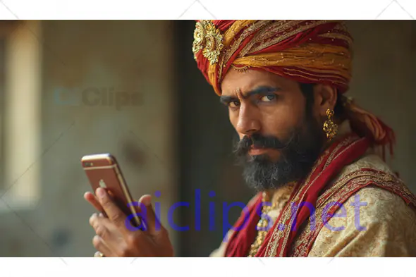 Man in Traditional Regal Attire Using Smartphone