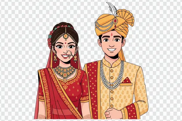 Smiling Indian Wedding Couple in Festive Attire Clipart PNG