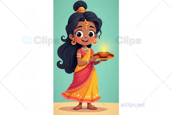 Cartoon Indian Girl in Traditional Dress Holding a Diya
