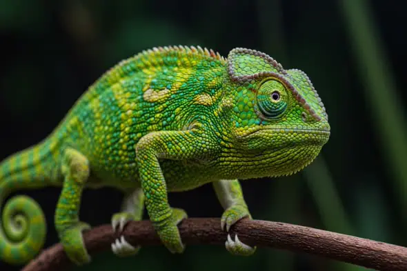 Vibrant Green Chameleon on Forest Branch in Close-Up