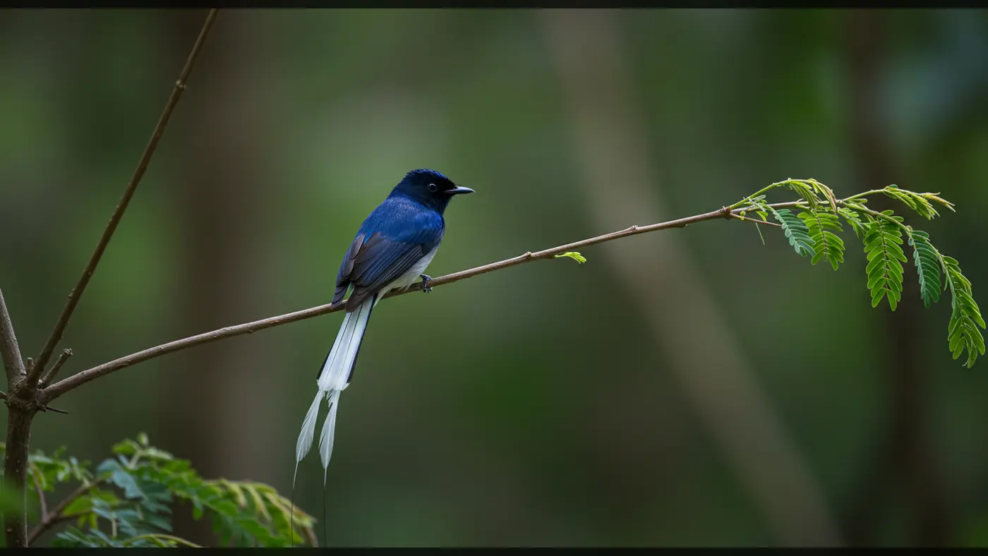 Indian Paradise Flycatcher Sitting Gracefully on a Forest Twig