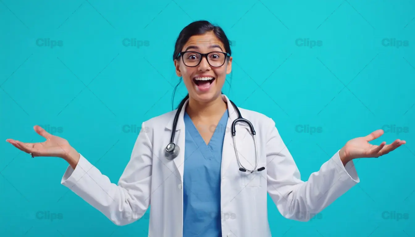 Excited Female Doctor in Medical Attire