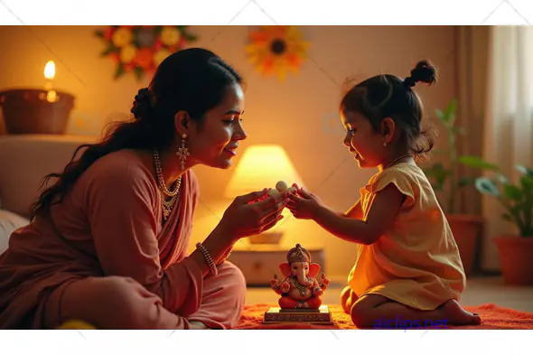 Mother and Daughter Celebrating Ganesh Chaturthi with Lord Ganesha Idol