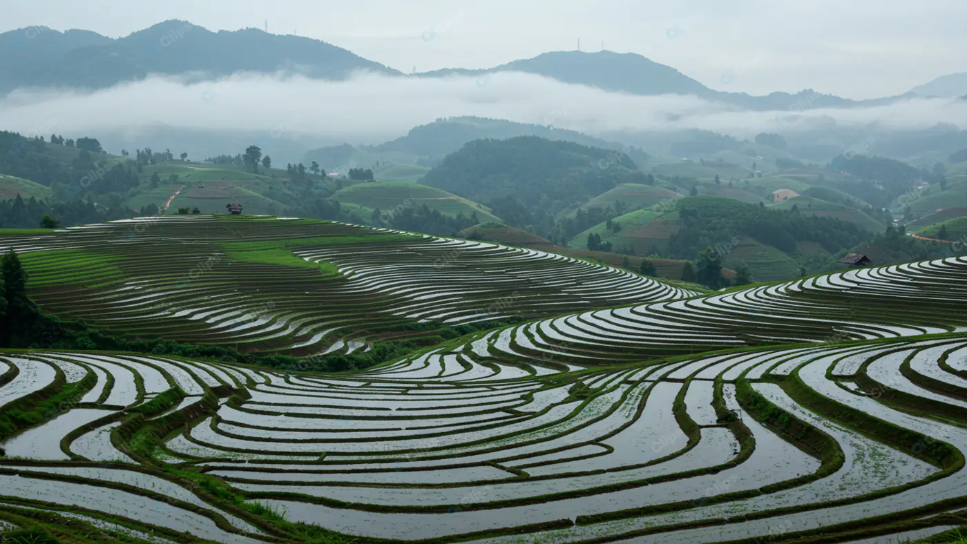 Terraced Rice Fields in Misty Mountains