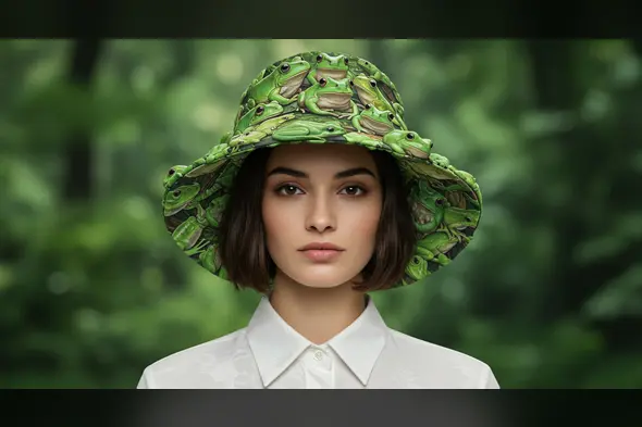 Stylish Woman Wearing Frog-Patterned Bucket Hat in Forest Setting