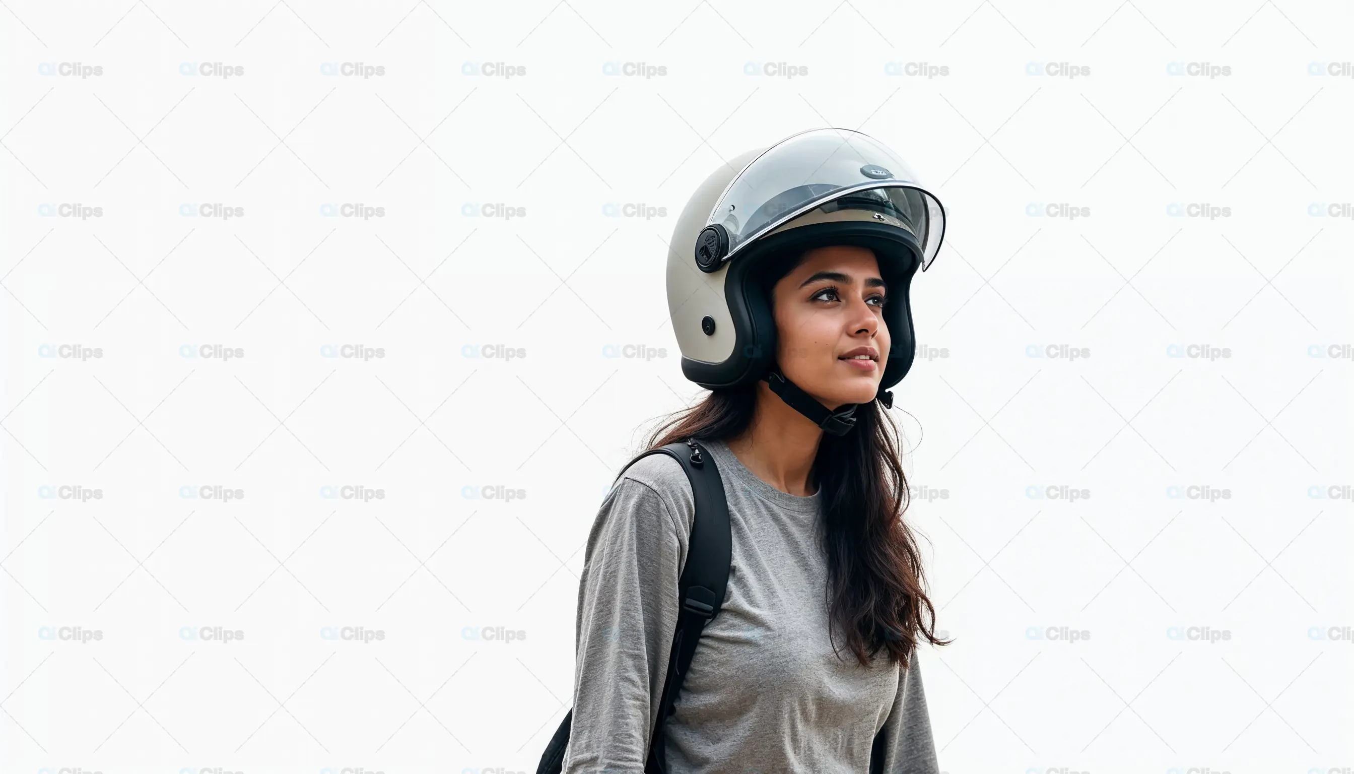 Woman in Helmet with Backpack