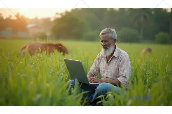 Elderly Farmer Using Laptop in Field