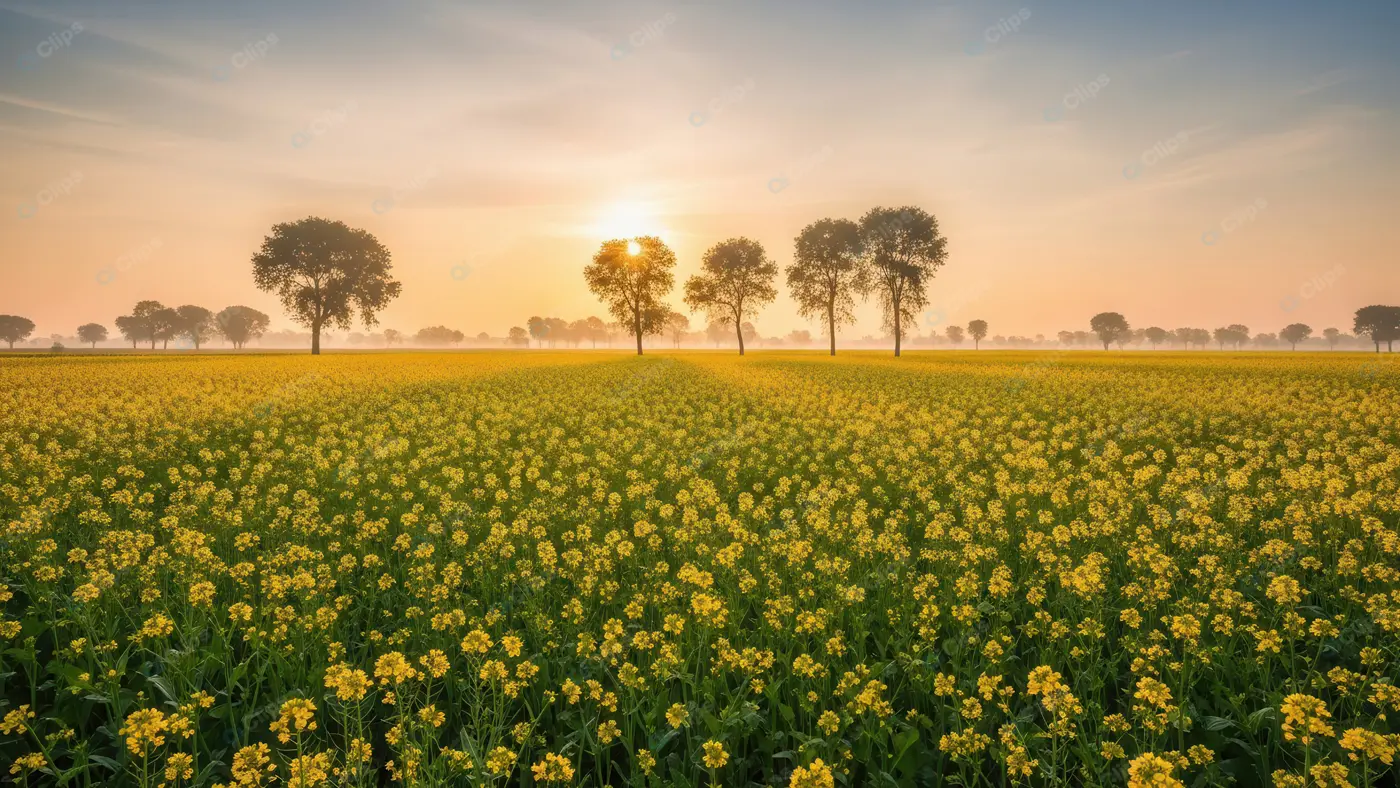 Golden Sunrise Over a Mustard Meadow