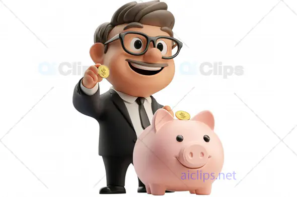 Smiling Businessman 3D Avatar with Piggy Bank