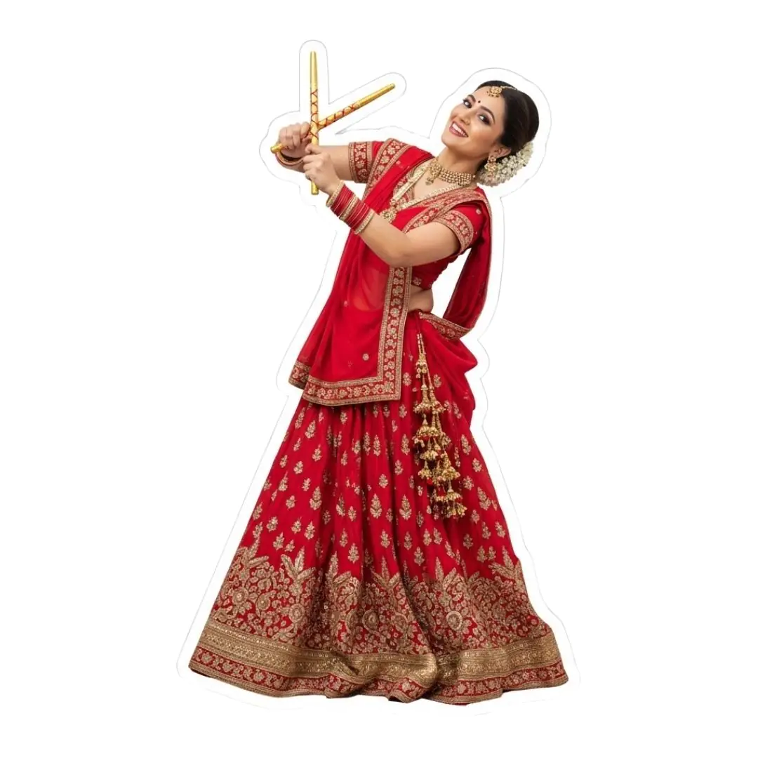 Joyous Indian Bride Dancing with Golden Dandiya Sticks