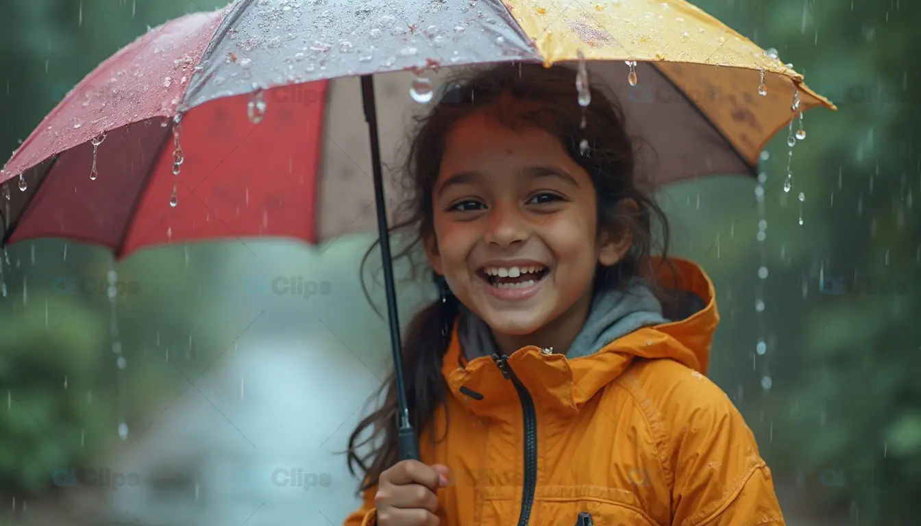 Happy Girl with Umbrella in Rain