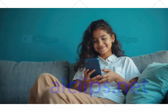 Happy Girl Using Smartphone on Couch