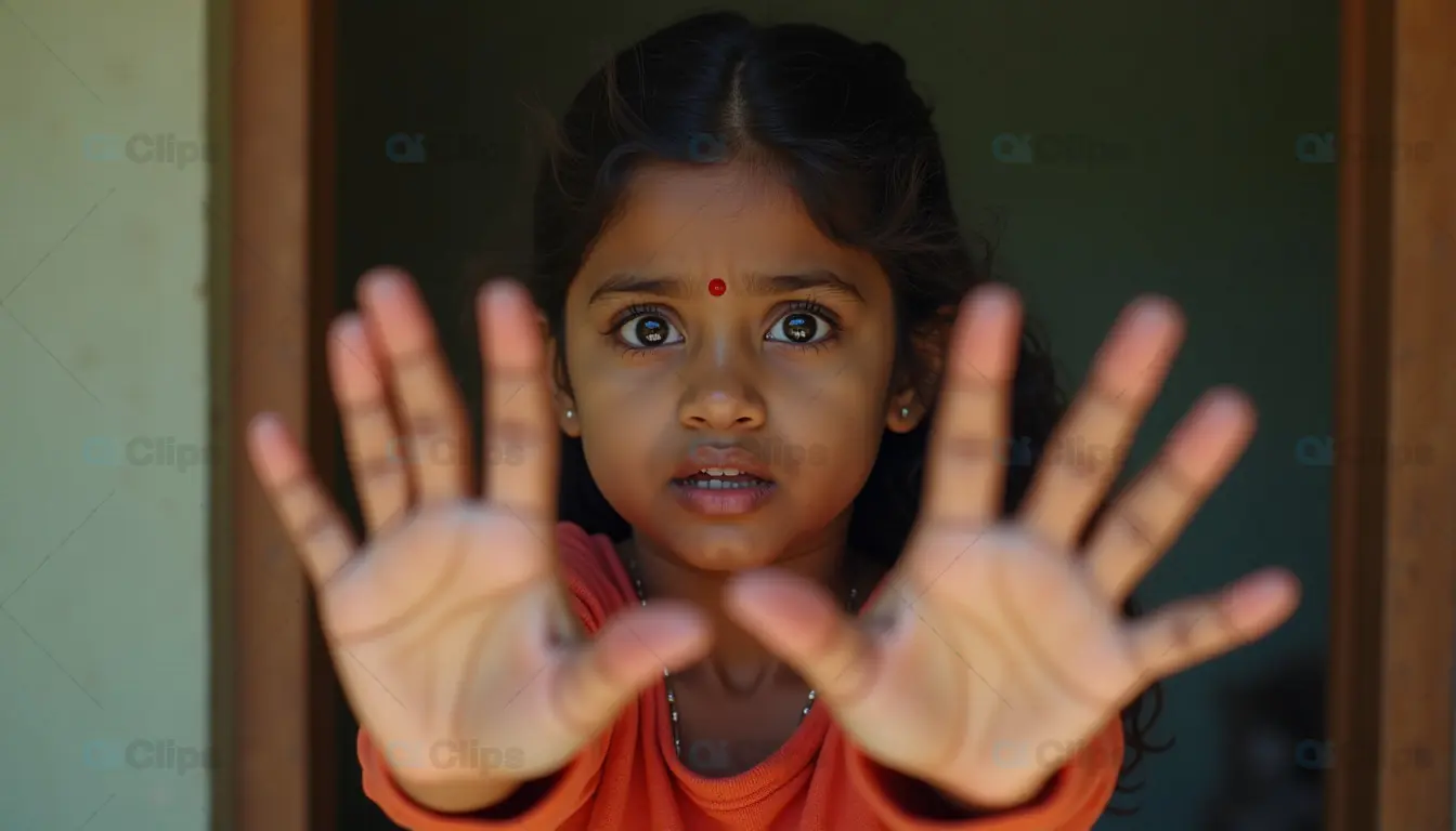 Little Girl with Hands Raised in Fear