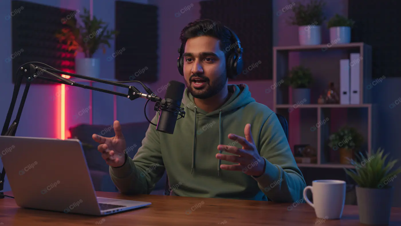 Passionate Podcaster in Neon-Lit Studio