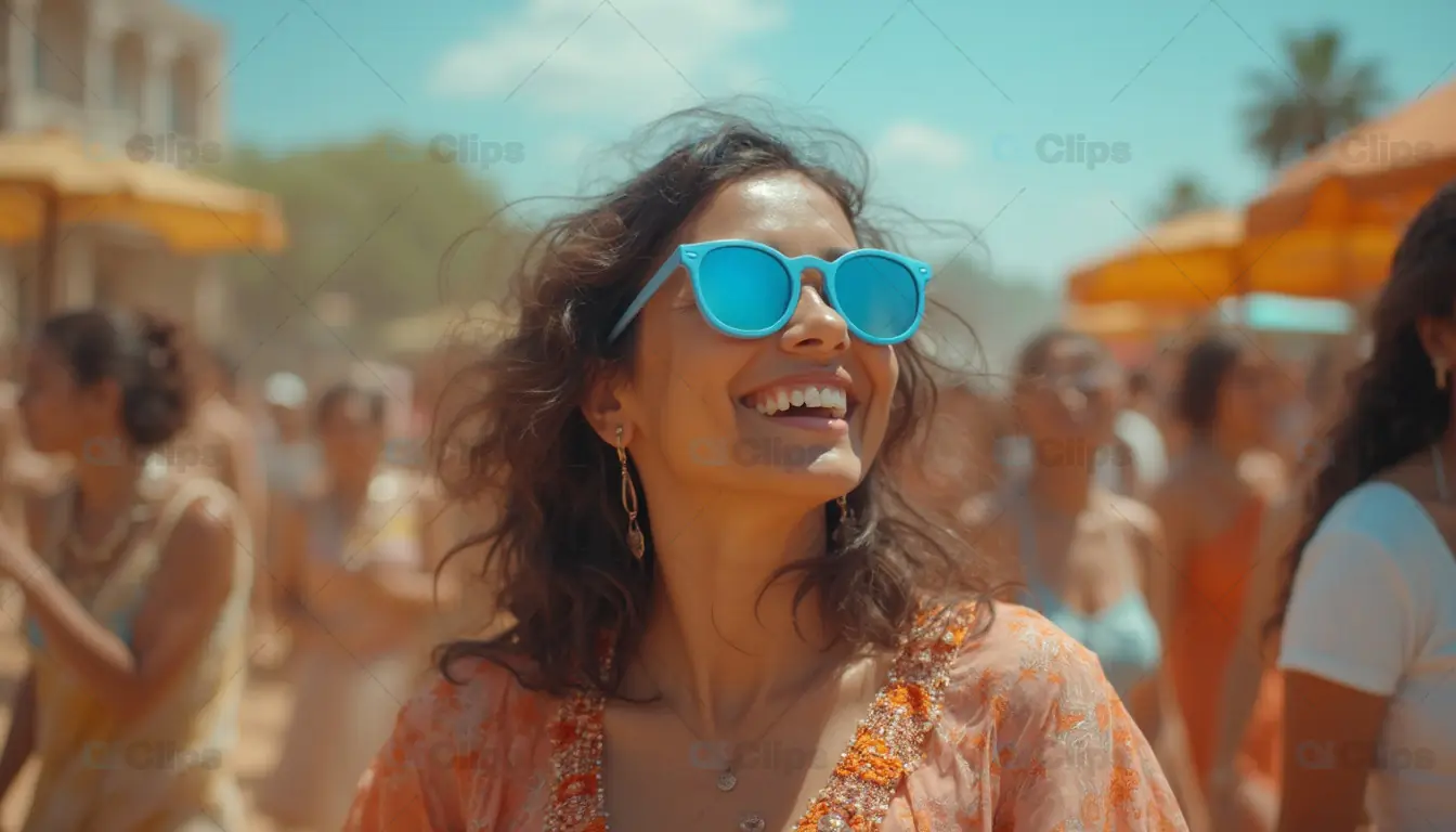 Smiling Woman with Blue Sunglasses at Summer Festival