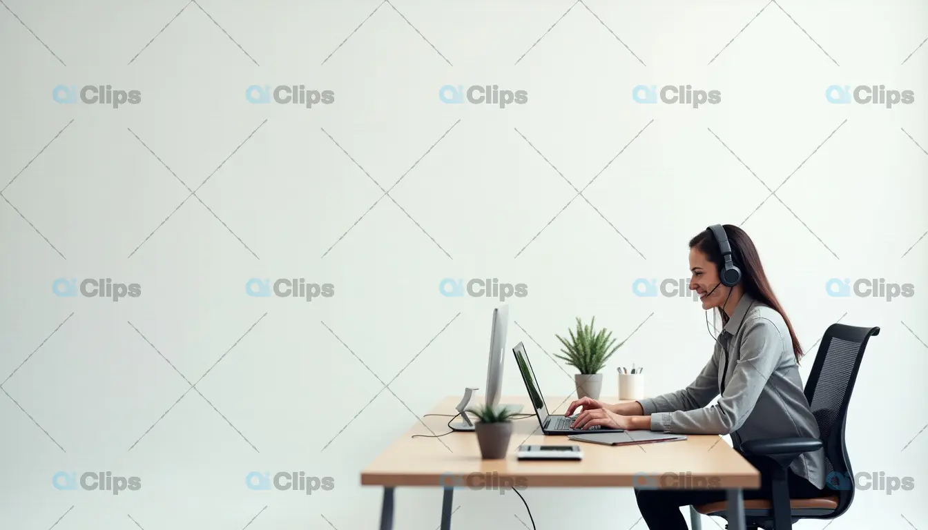 Female Professional Working Remotely with Headset in a Minimalist Office