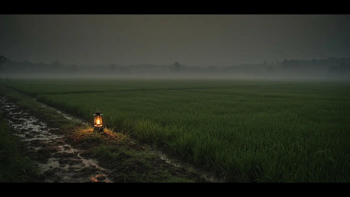 Foggy Paddy Field at Dawn with Lantern – Indian Village Moodscape