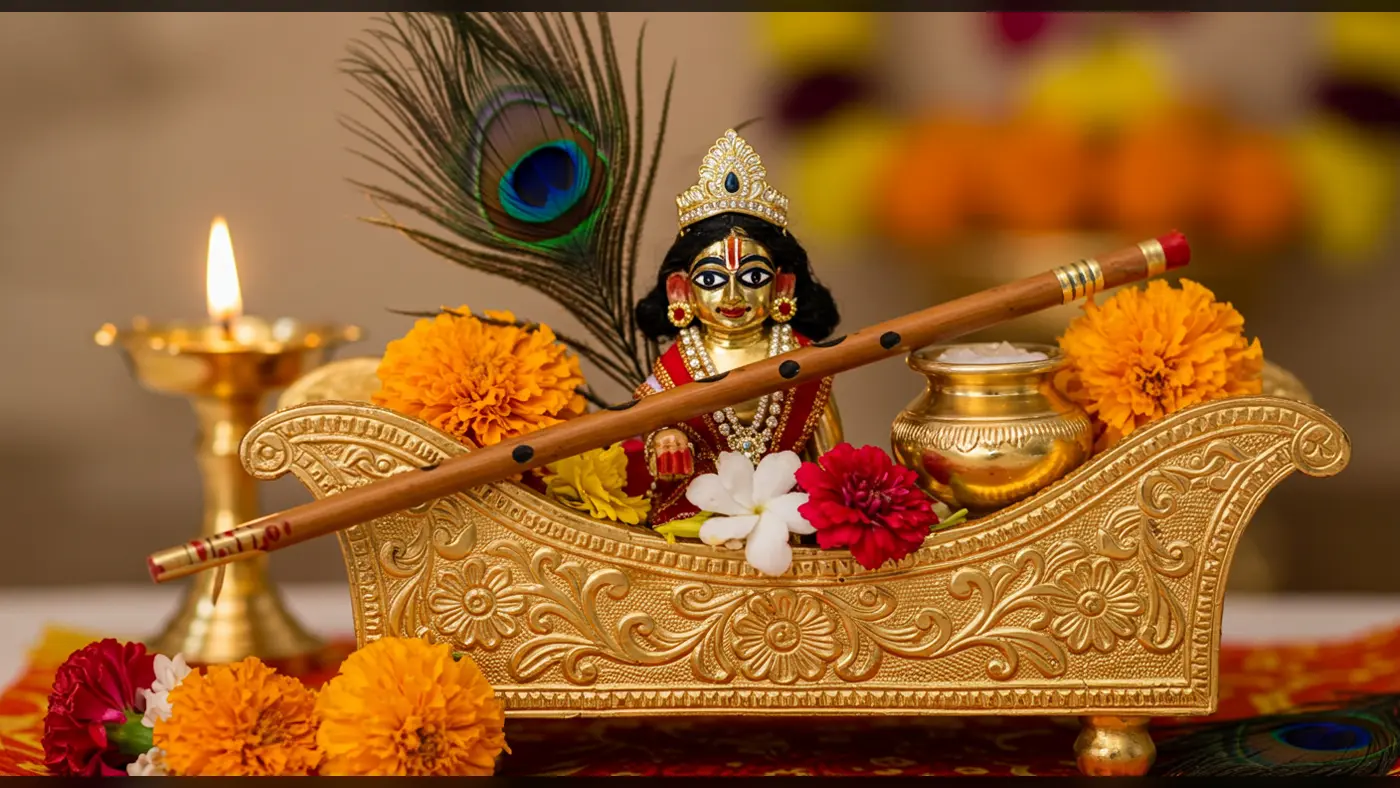 Baby Krishna on Golden Jhula with Flute, Flowers & Diya for Janmashtami | AIClips Festival Visual