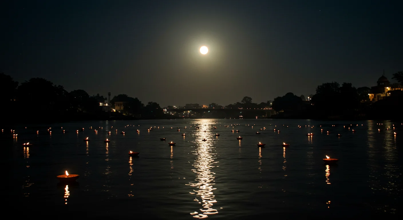 River Diyas Under Full Moon | AIClips Sacred Night Devotional Background