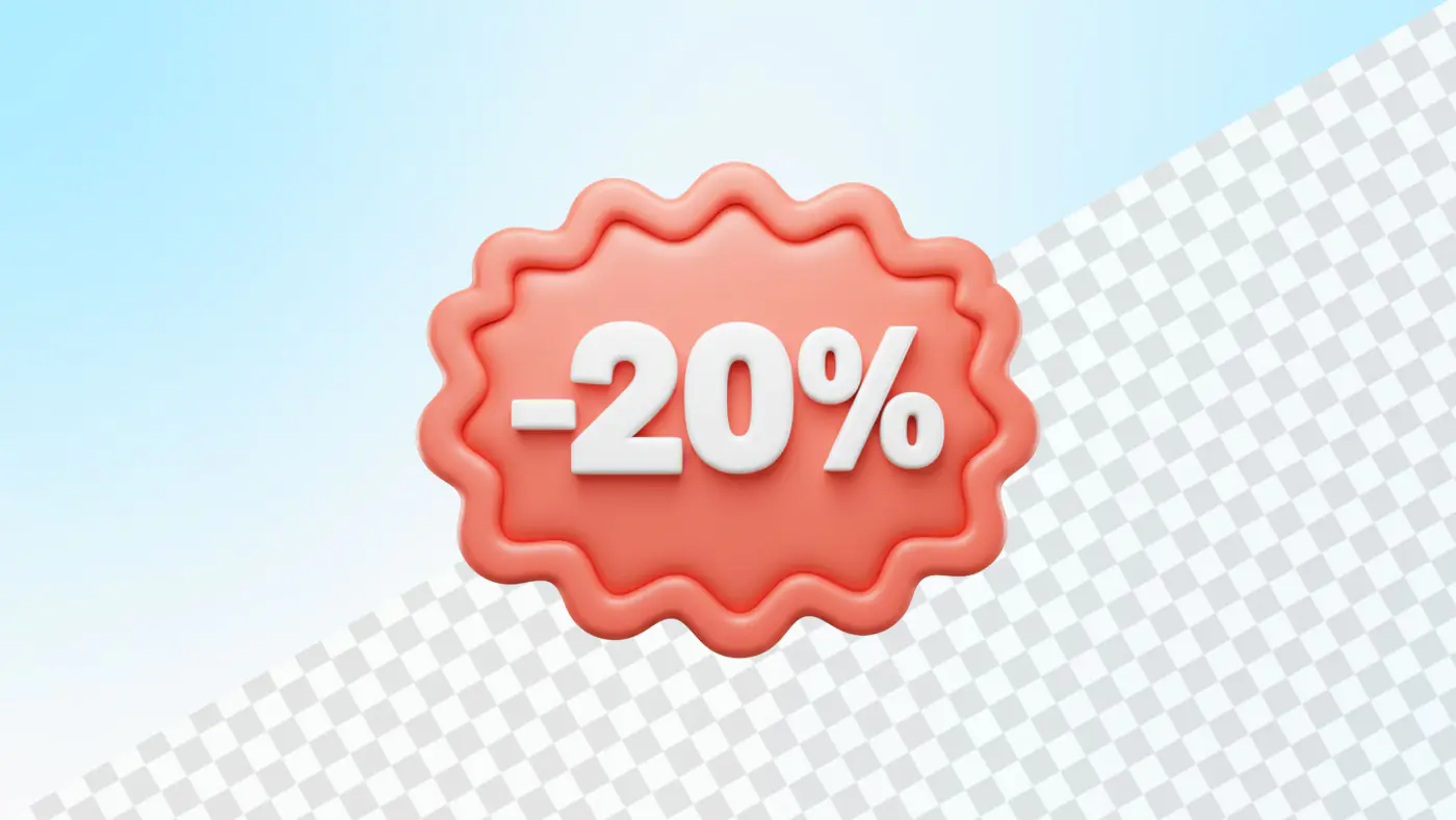 Coral pink wavy discount badge showing twenty percent off