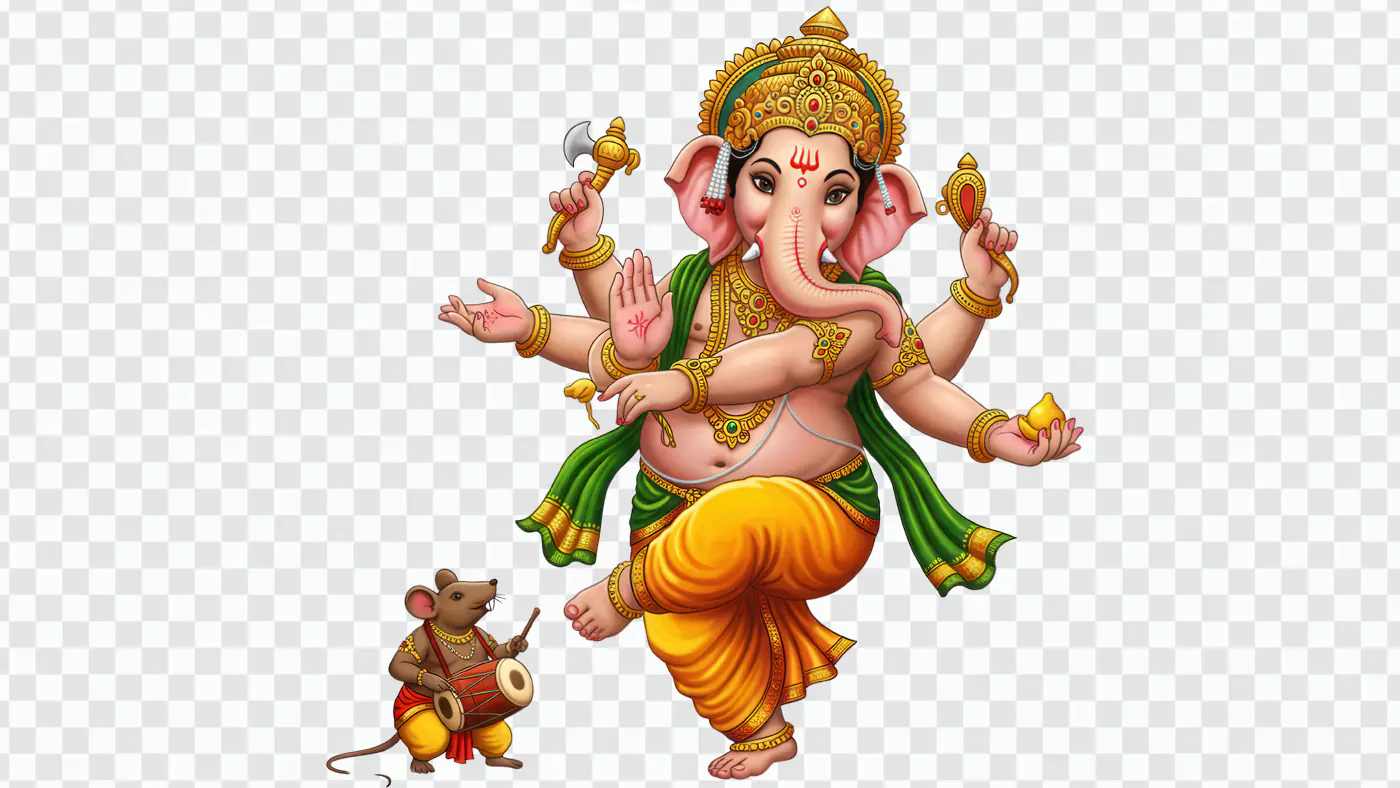Dancing Ganesha with Musical Mouse Companion PNG