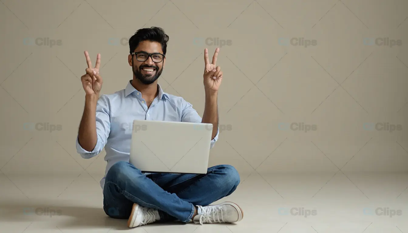 Smiling Man with Laptop Showing Peace Sign