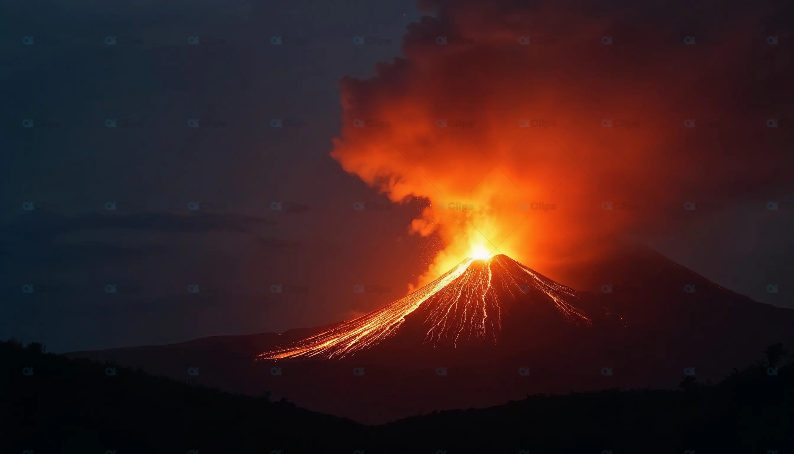 Fiery Volcano Eruption at Night