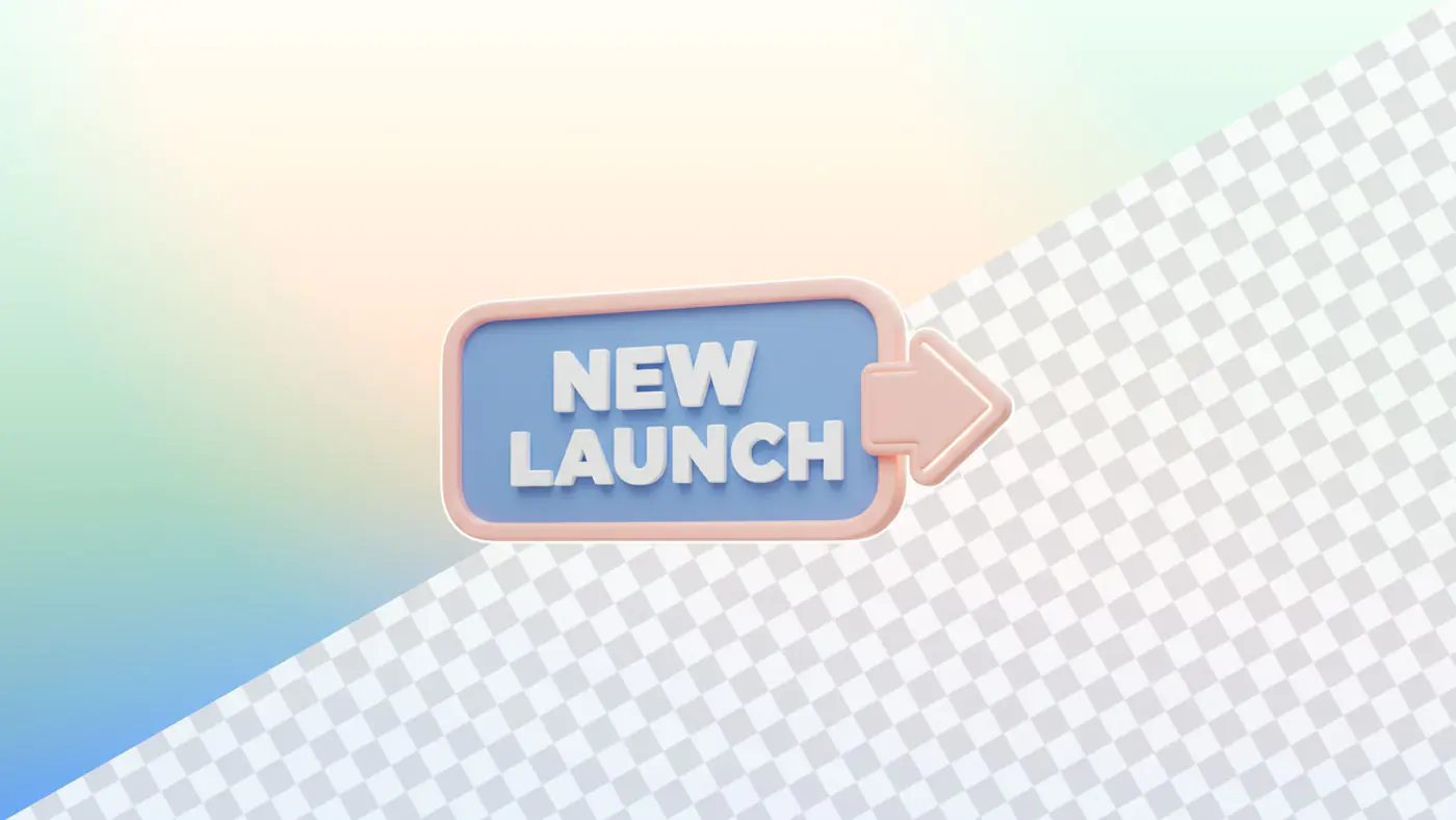 Pastel new launch badge with arrow on checkered background