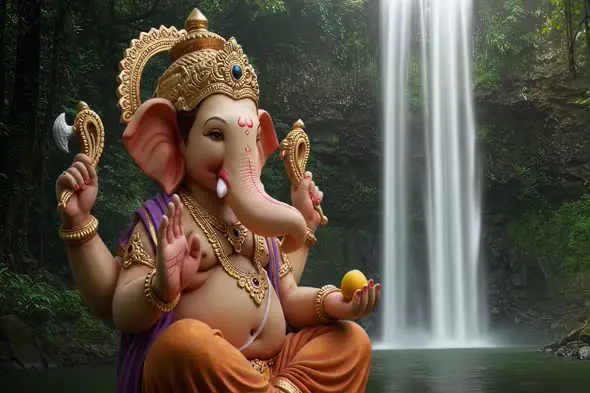Serene Ganesha Statue Against Majestic Waterfall Backdrop