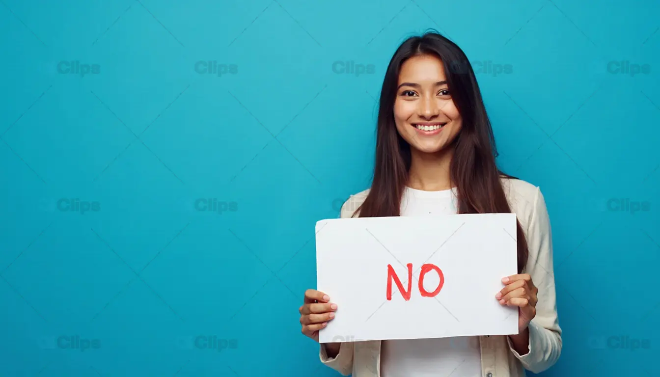 Smiling Woman Holding "No" Sign
