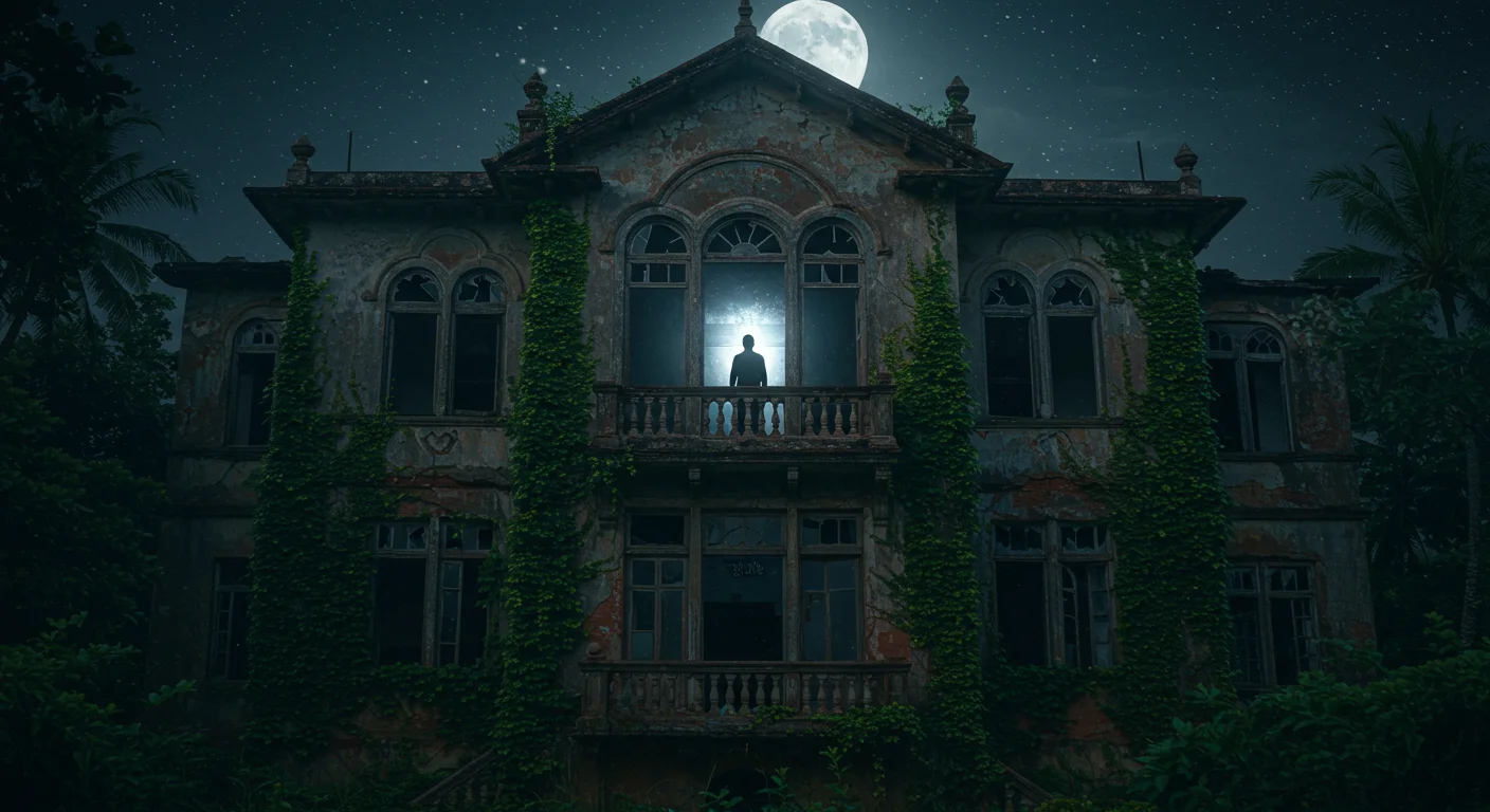 Haunted Mansion with Silhouetted Man and Full Moon at Night