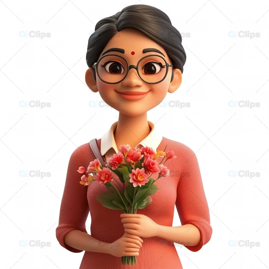 3D Indian Woman Avatar with Bouquet of Flowers