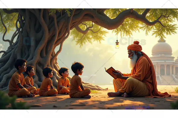 Spiritual Teaching Under a Banyan Tree - Guru with Children