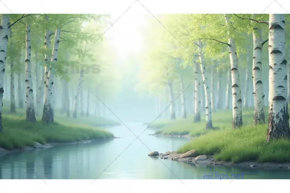 Misty Forest Stream with Birch Trees