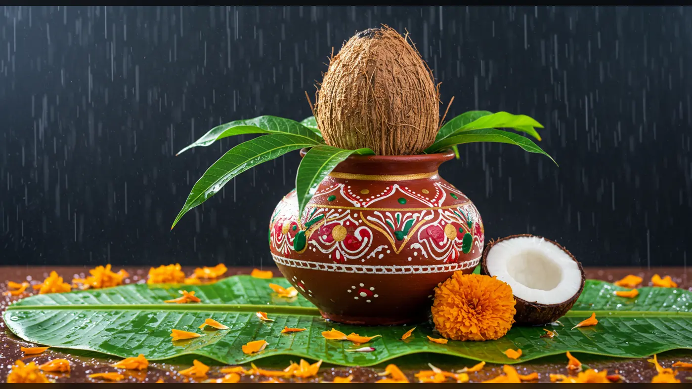 Kalash with Coconut on Banana Leaf in Rain | AIClips Traditional Indian Pooja Background