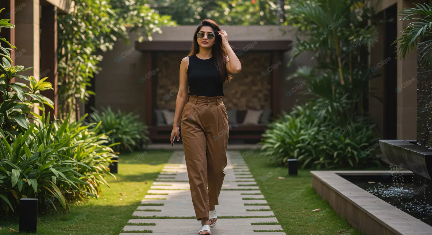 Stylish Stroll in Tropical Courtyard