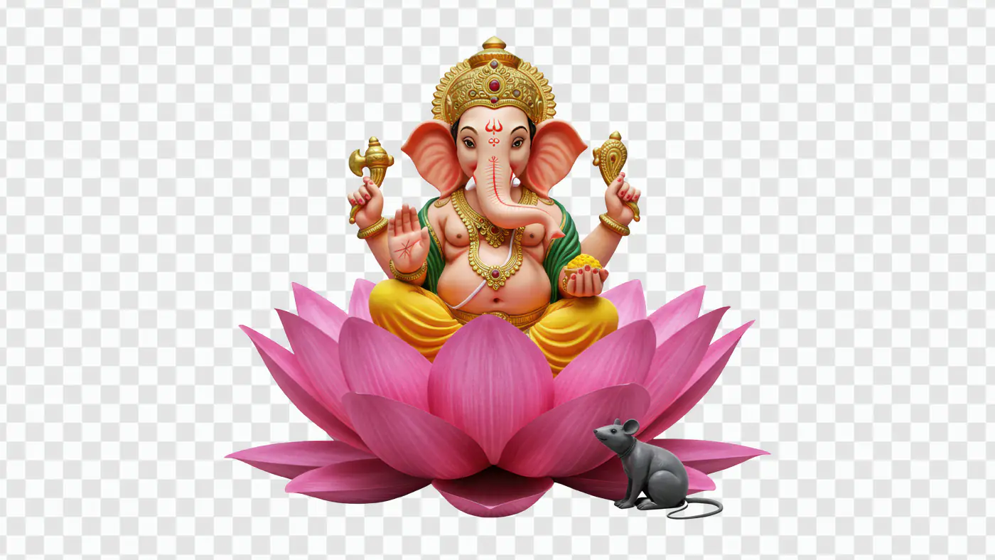 Ganesha on Pink Lotus with Mouse PNG