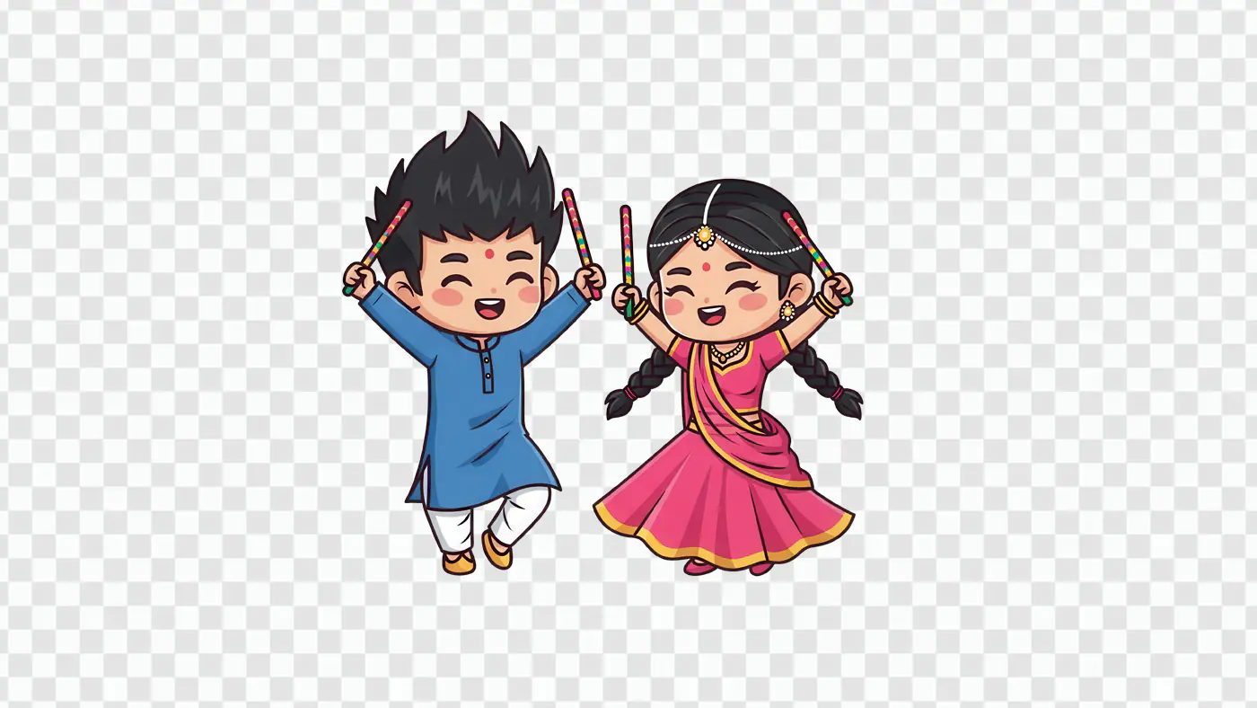 Joyful Cartoon Children Dancing with Colorful Dandiya Sticks
