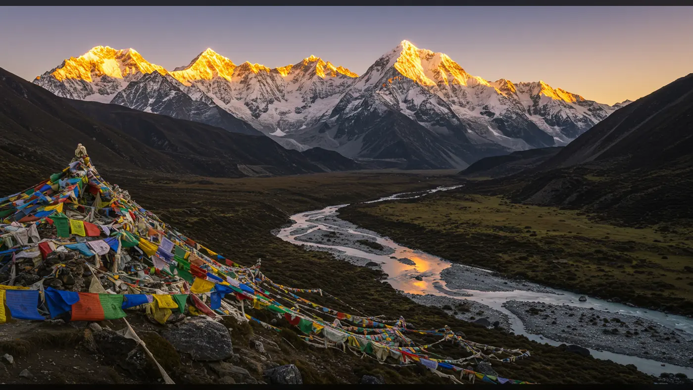 Golden Sunrise Reflections in a Himalayan Valley with Prayer Flags