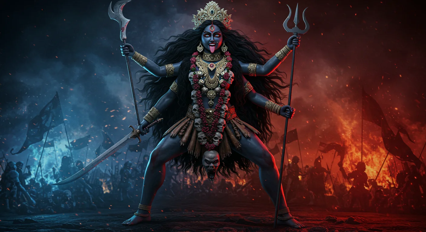 Goddess Kali-Inspired Fierce Warrior Woman with Trident and Skull Garland | AIClips Spiritual Thumbn