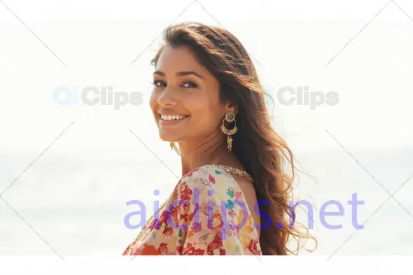 Woman in Floral Dress Smiling by the Sea