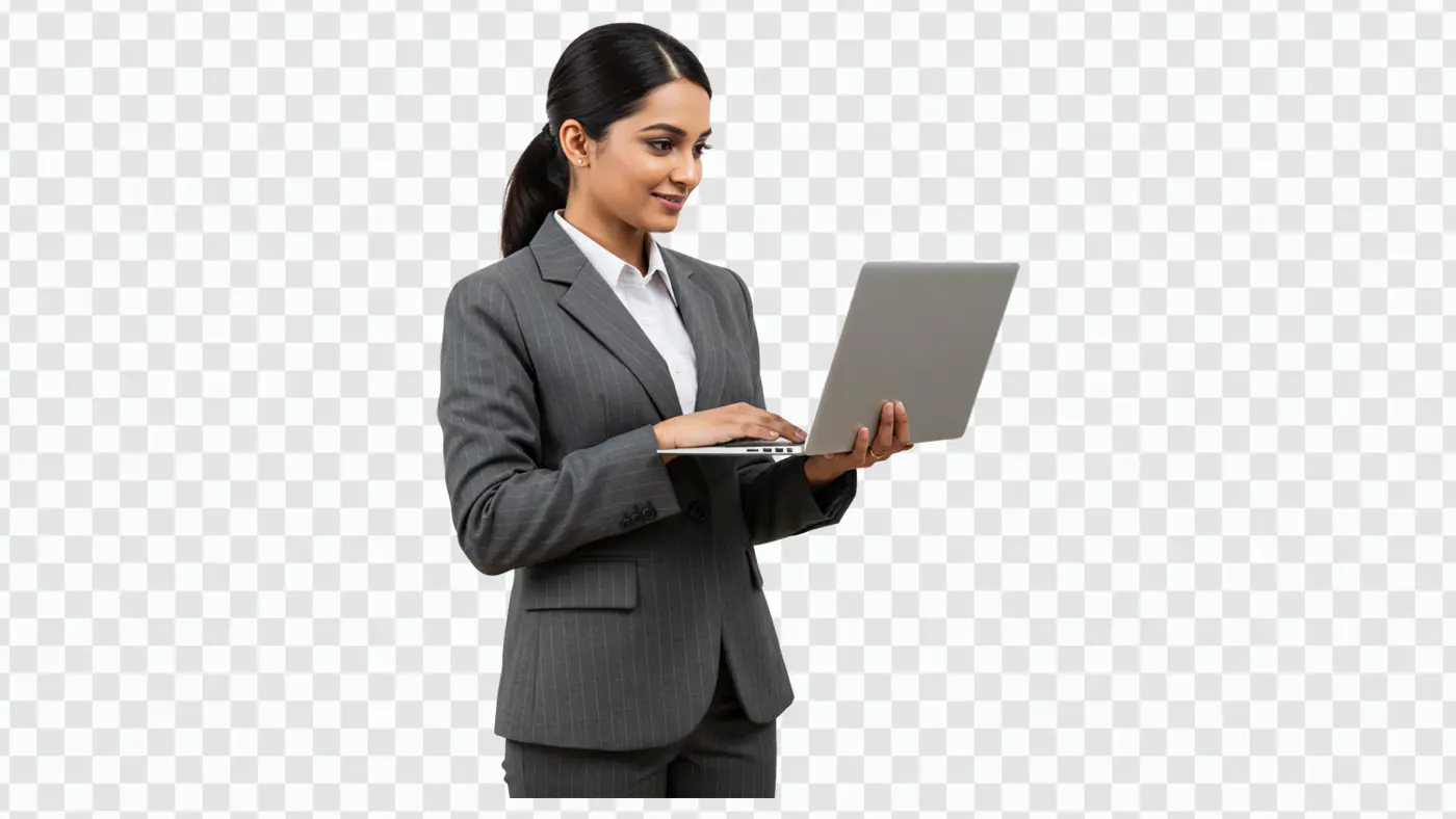 Professional Woman Using Laptop in Business Attire PNG