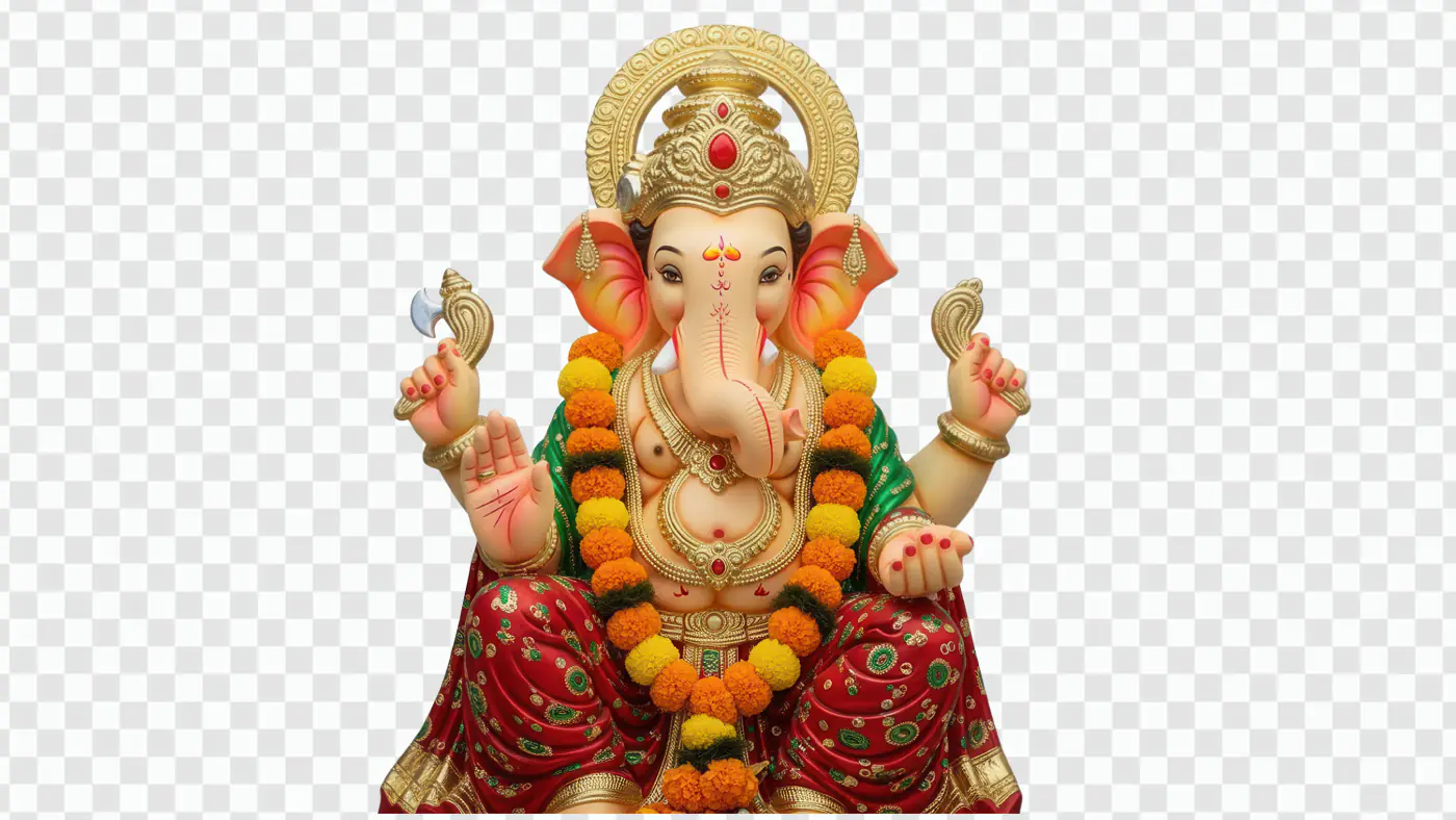 Ornate Ganesha Deity with Marigold Garland PNG
