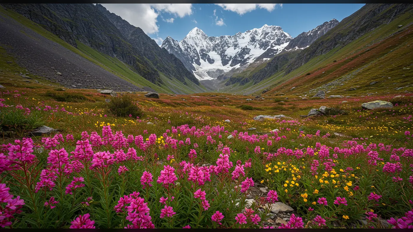 Vibrant Wildflowers in Himalayan Valley Beneath Snowy Peaks